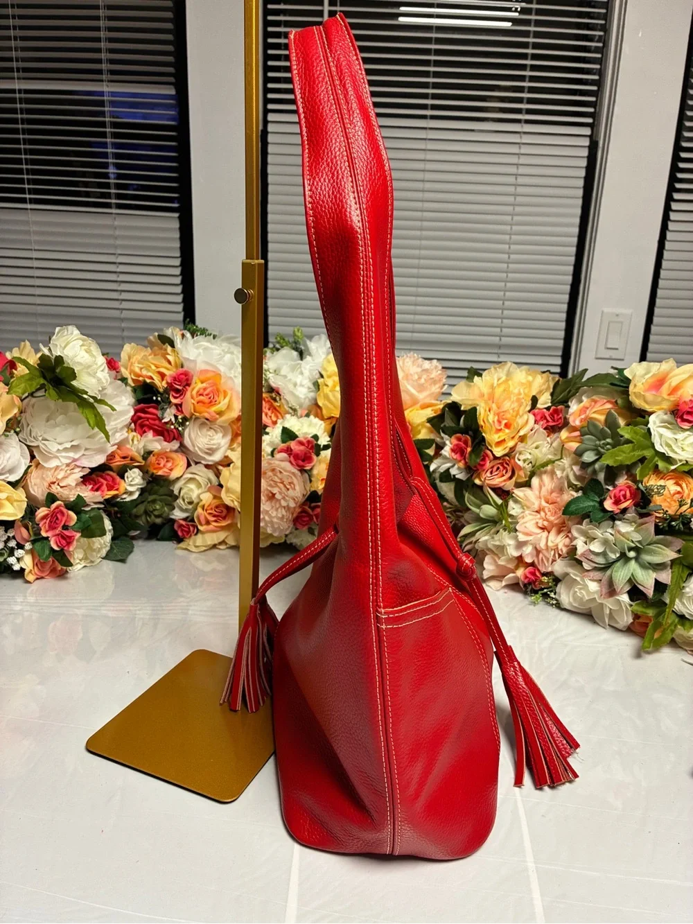 LAGGO Andrea Pebbled Leather Hobo Shoulder Bag Red Tassel Front Pockets Large